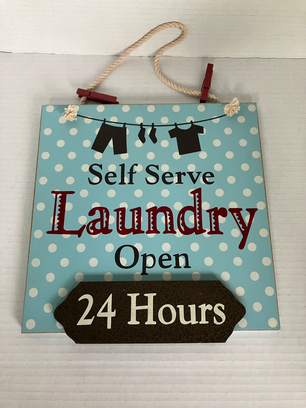 Self Serve Laundry Open 24 Hours Wall Sign - Blue Polka Dot Wood 10 inch